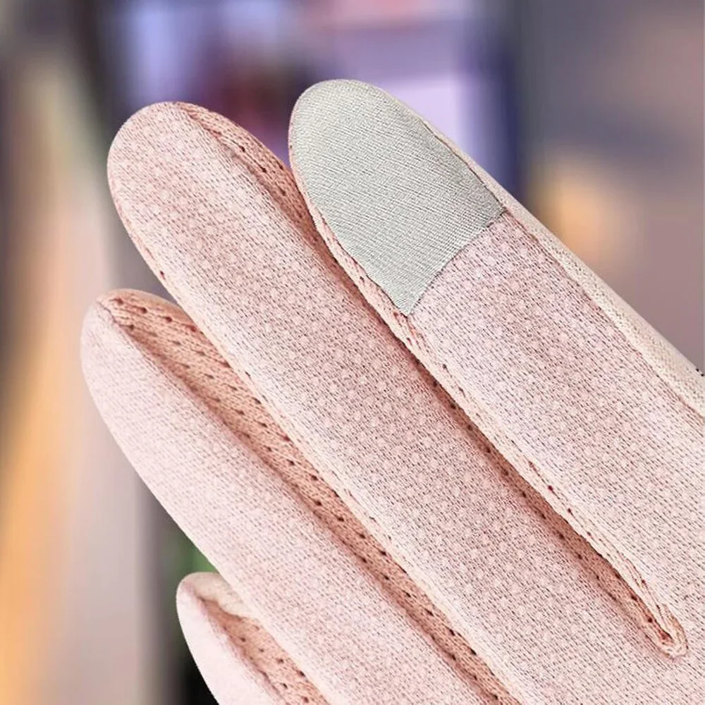 Women's Stylish Bow Short Lace Pink Gloves Fabric Design Summer Protection